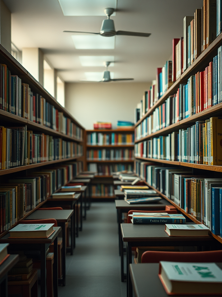 school library with English and Hindi books, no people